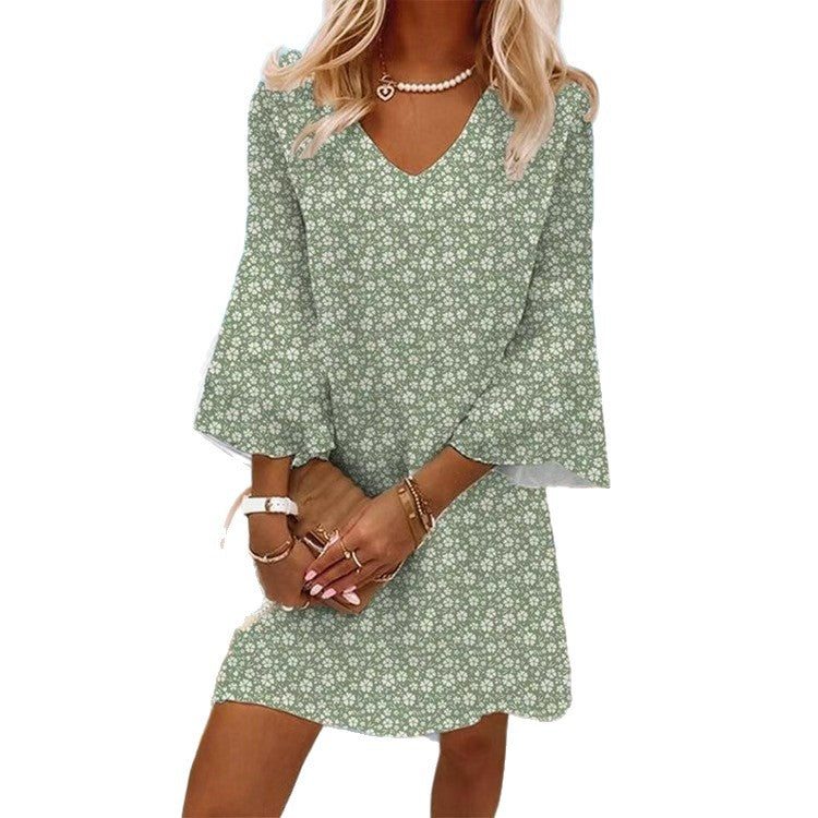 Damen nan leichtes florales V-Ausschnitt Minikleid mit Glockenärmeln und A-Linien-Schnitt Drune