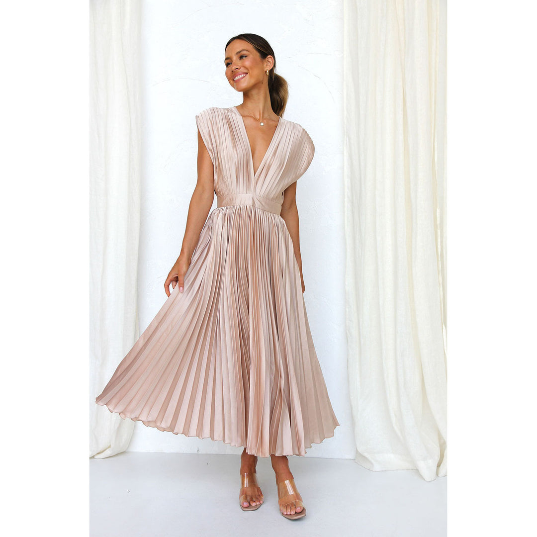 Damen Plissiertes Maxikleid mit tiefem V-Ausschnitt und fließendem Schnitt Drune