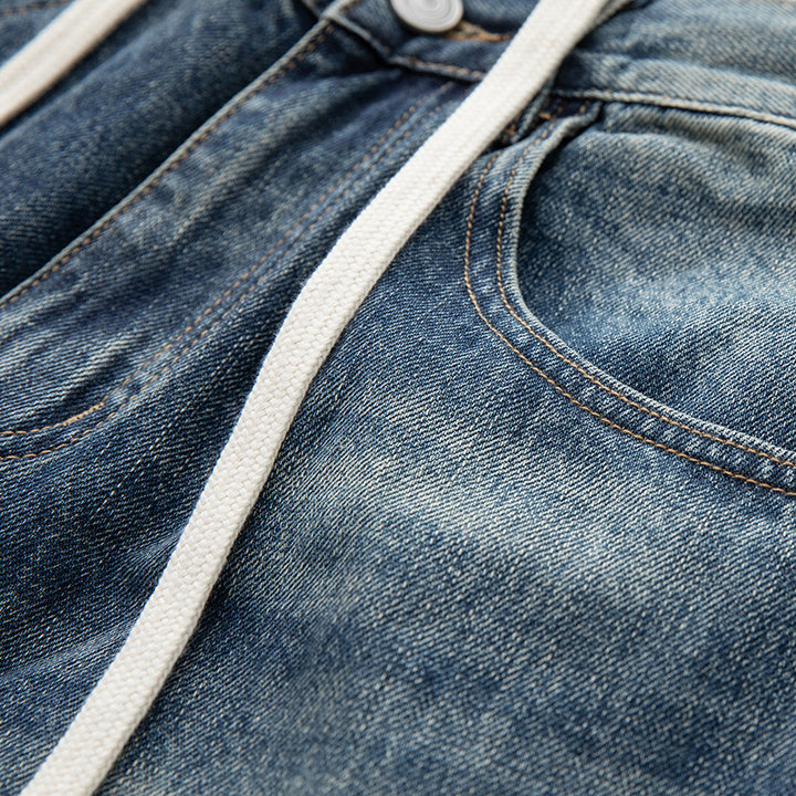 Damen Weite Cropped-Jeans mit hohem Bund, gesteppten Knie-Panels und Kordelzugbund Drune