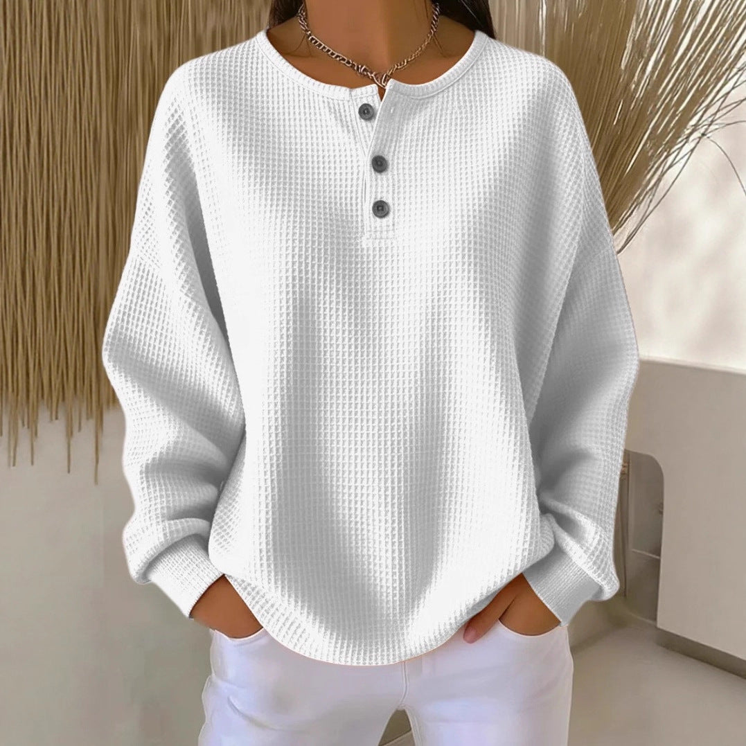 Damen Oversize Waffelstrick-Henleyshirt mit Knopfleiste und Rundhalsausschnitt Drune