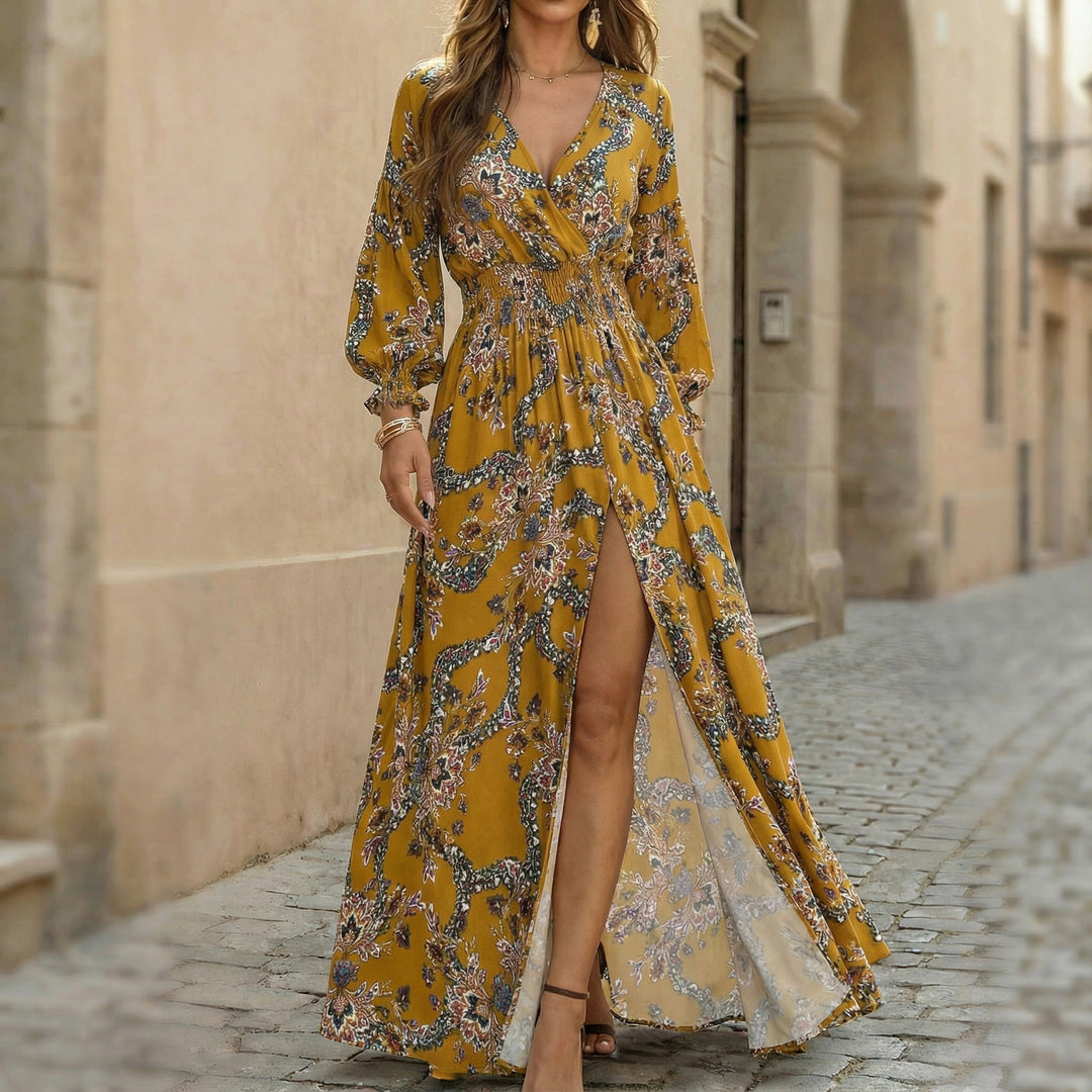 Damen nan fließendes Maxikleid mit Wickeloberteil, geraffter Smoktaillenpartie und hoher Beinschlitz Drune