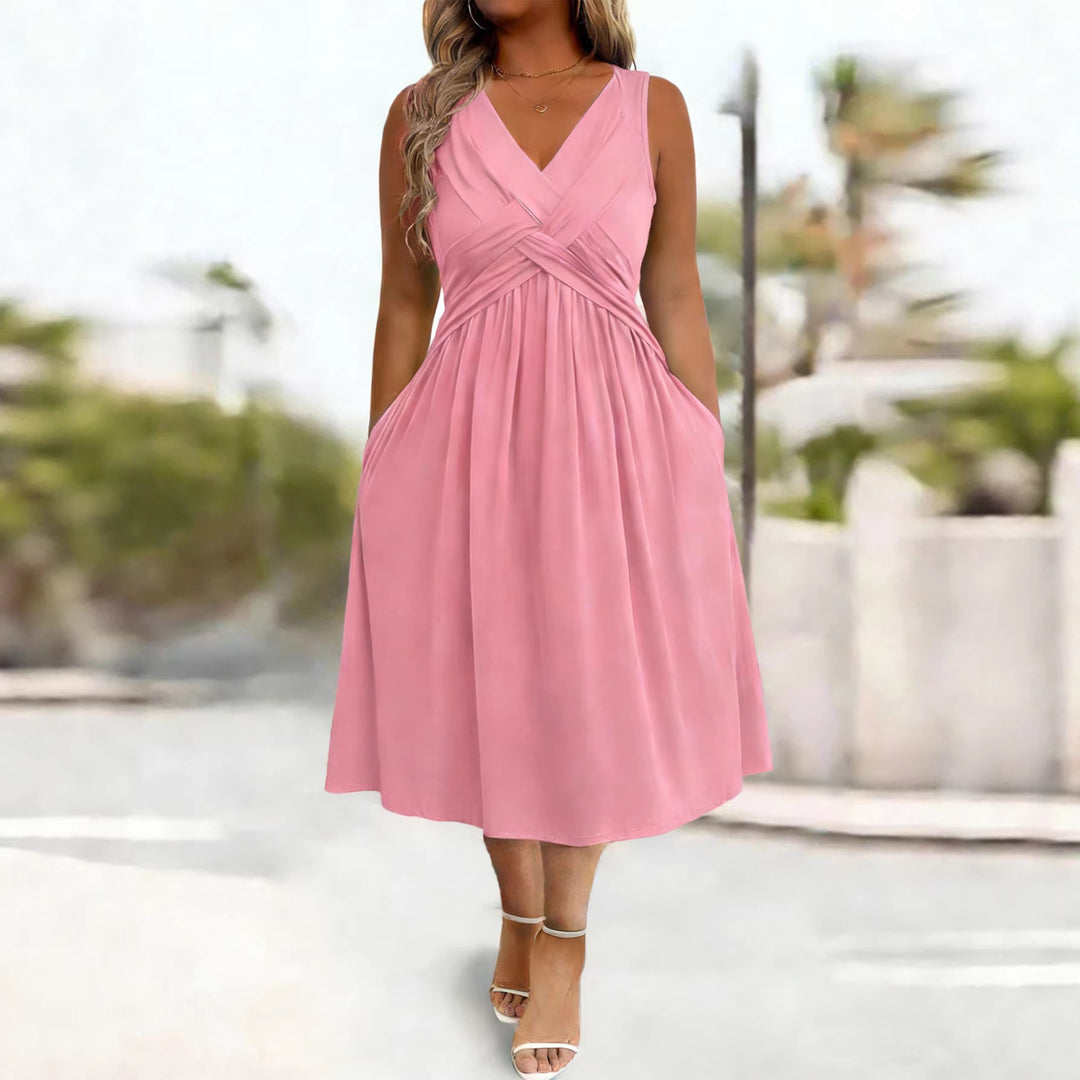 Damen Sommerkleid mit tiefem V-Ausschnitt und Seitentaschen Drune