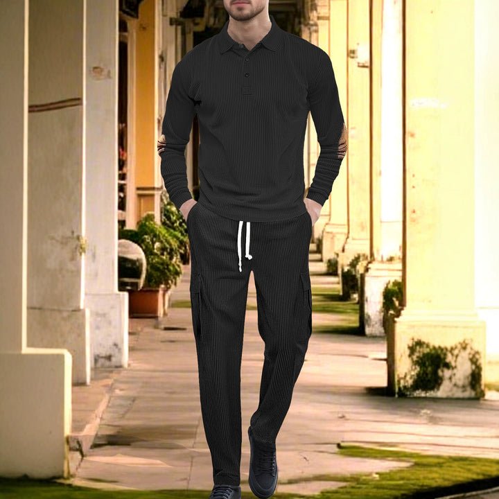 Herren nan geripptes Lounge-Set mit Polokragen Ellenbogenpatches und Cargohose Drune