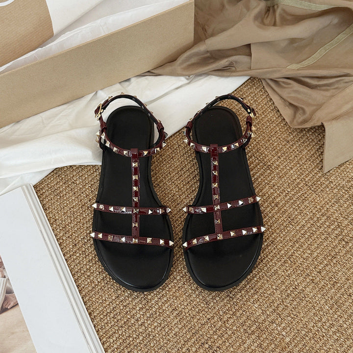 Damen Stilvolle Sandalen mit funkelnden Pyramiden-Nieten und verstellbarem Riemen Drune