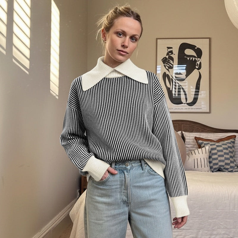 Damen Oversized Pullover mit Kragen Drune