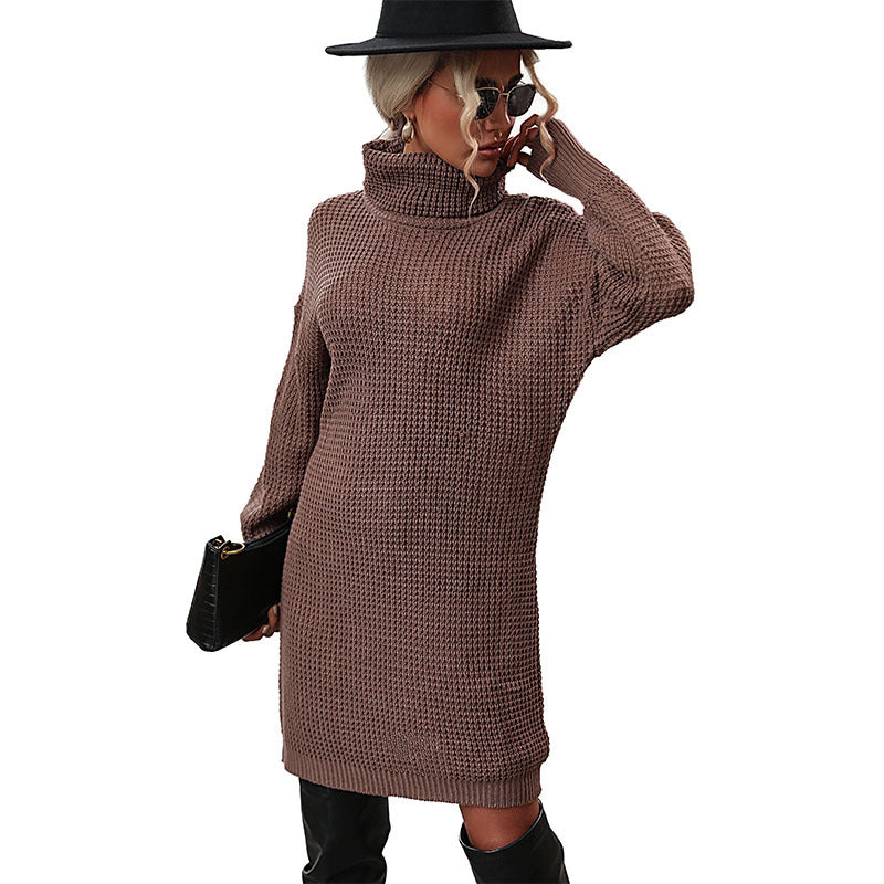 Damen Strickkleid mit Rollkragen und Waffelstruktur, tailliertes Minikleid mit Statement-Gürtel Drune
