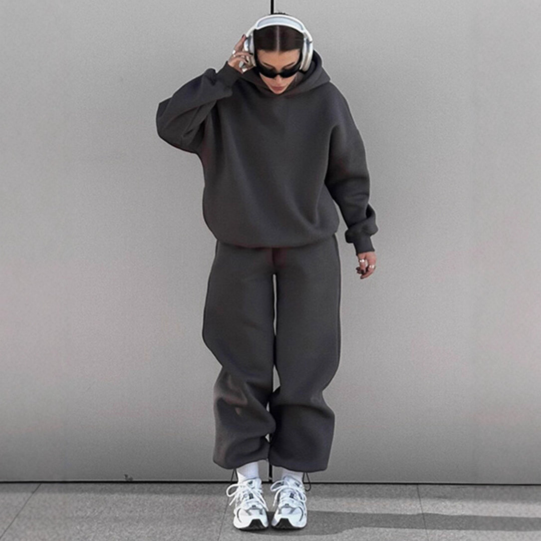 Damen urbanes Oversize-Lounge-Set mit Kapuzenpullover, locker geschnittener High-Waist-Jogginghose und passender Mütze Drune