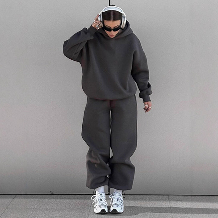 Damen urbanes Oversize-Lounge-Set mit Kapuzenpullover, locker geschnittener High-Waist-Jogginghose und passender Mütze Drune