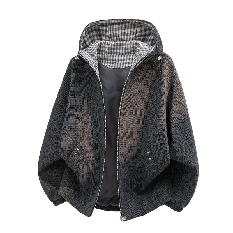 Damen oversized Fleecejacke mit Kapuze und karierter Innenfütterung Drune