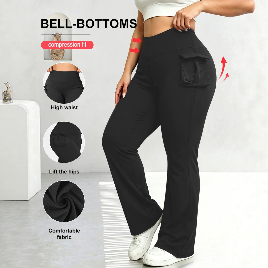 Damen High-Waist Flared-Leggings mit seitlichen Rüschen- und Handytaschen Drune