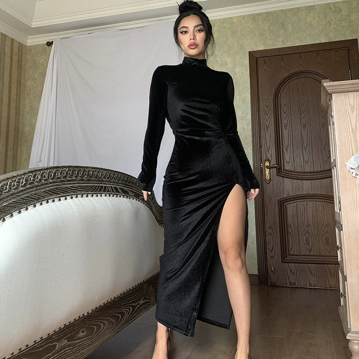 Damen Elegantes Maxikleid mit langen Ärmeln und schickem Schlitz Drune