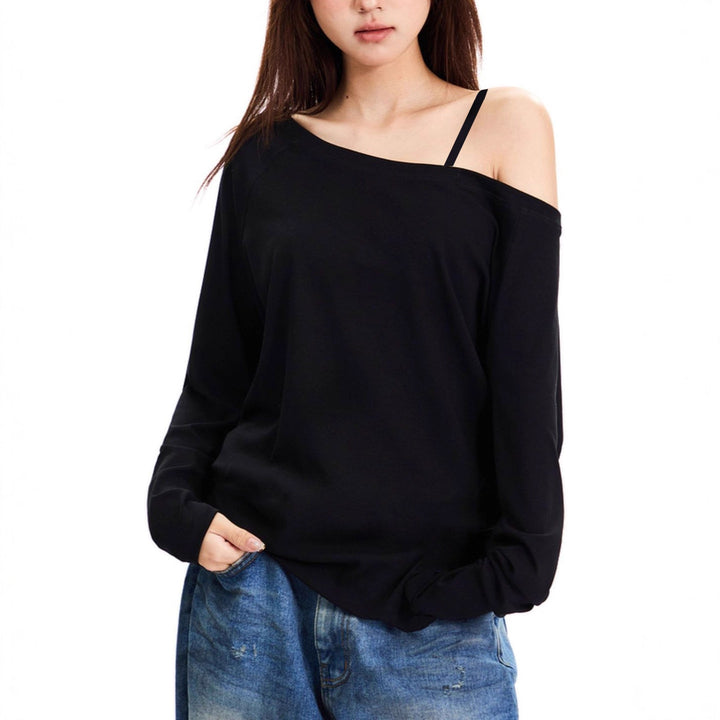 Damen nan asymmetrisches Off-Shoulder Langarmshirt aus Baumwollstretch mit lässigem Oversize-Schnitt Drune