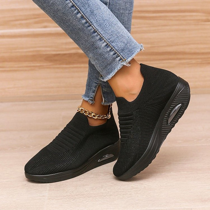 Damen nan elastische Strick-Slipper mit ergonomischer Keilsohle und sichtbarer Luftpolsterkapsel Drune