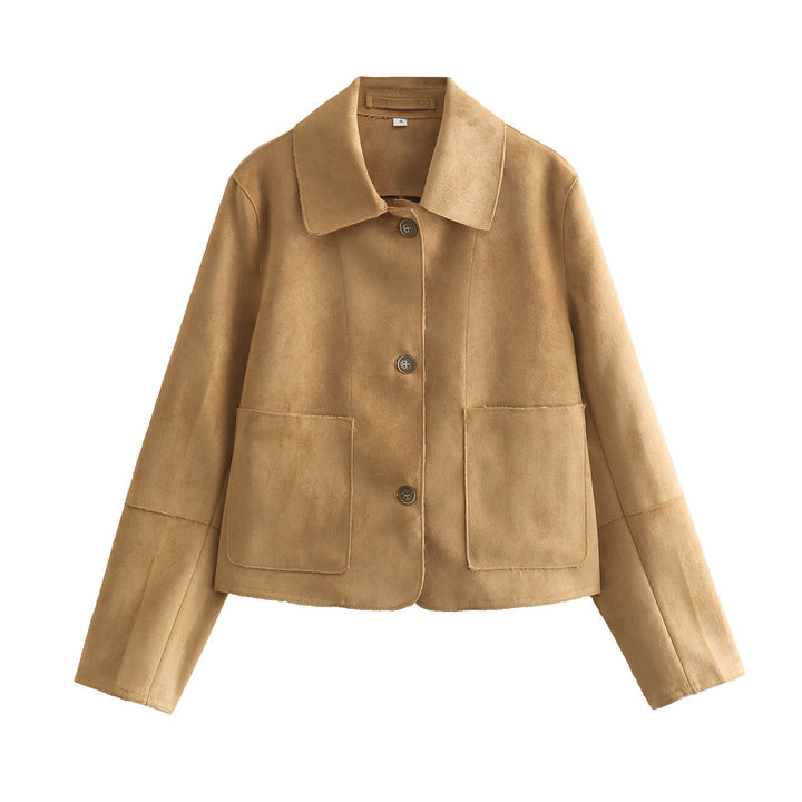 Damen nan cropped Wildlederoptik Jacke mit Hemdkragen und großen aufgesetzten Taschen Drune