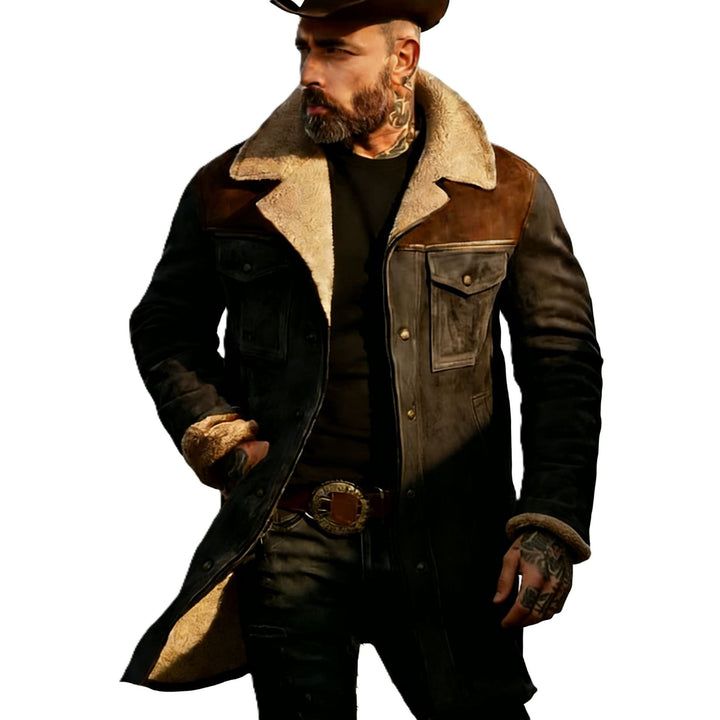 Herren Langer Veloursledermantel mit Teddyfutter und Pattentaschen Drune
