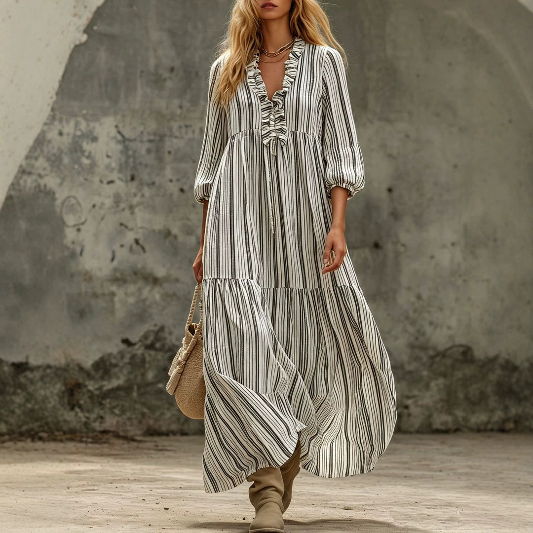 Damen Maxikleid mit Rüschen-V-Ausschnitt und Ballonärmeln Drune
