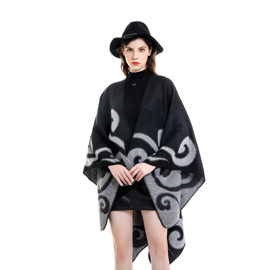 Damen Wollmix-Capeponcho im Ruana-Schnitt mit ornamentaler Intarsienstruktur Drune