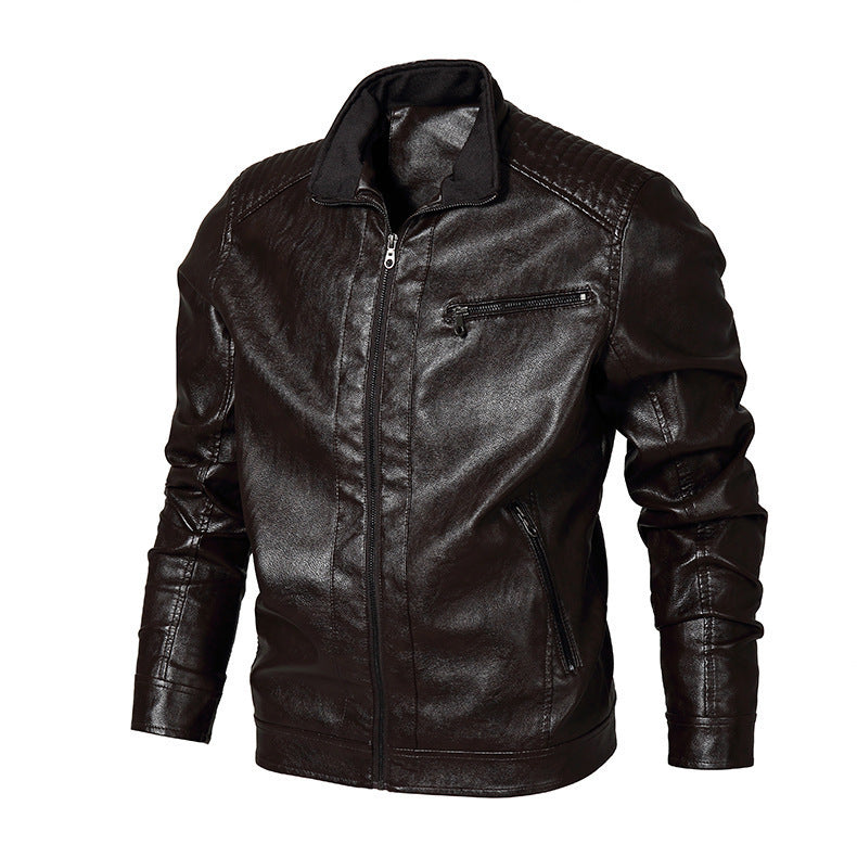 Herren Slim-Fit Motorradblouson aus Lederimitat mit Stehkragen und Reißverschlusstaschen Drune
