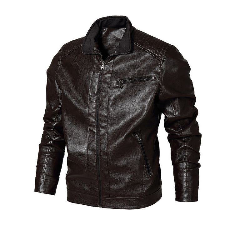 Herren Slim-Fit Motorradblouson aus Lederimitat mit Stehkragen und Reißverschlusstaschen Drune