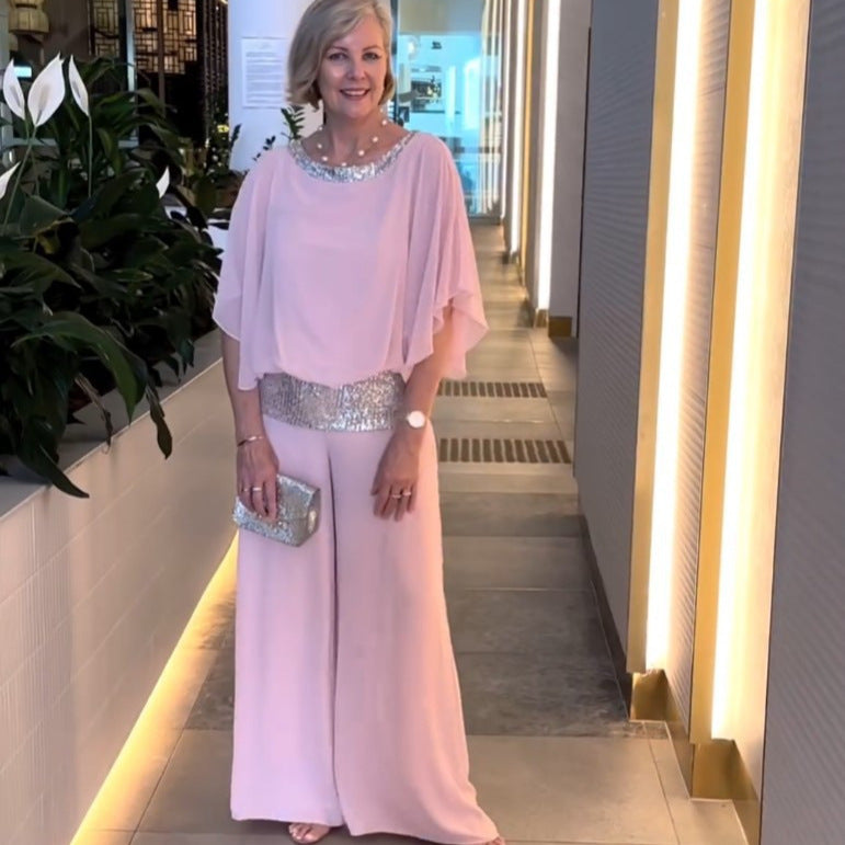 Damen Elegantes Abendzweiteiler mit Chiffon-Cape und Palazzo‑Hose Drune
