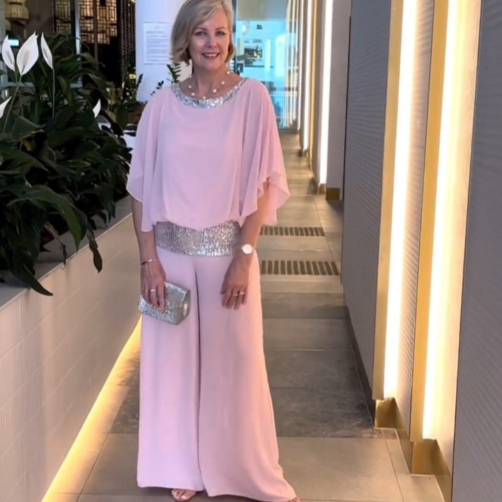 Damen Elegantes Abendzweiteiler mit Chiffon-Cape und Palazzo‑Hose Drune
