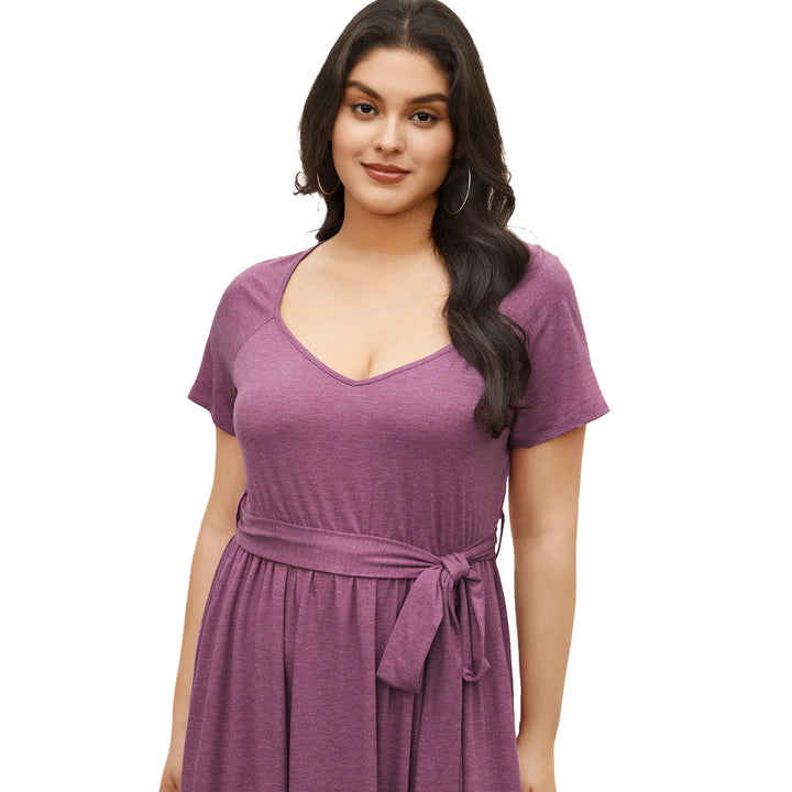 Damen lässiges Maxikleid mit Taillengürtel und V-Ausschnitt Drune