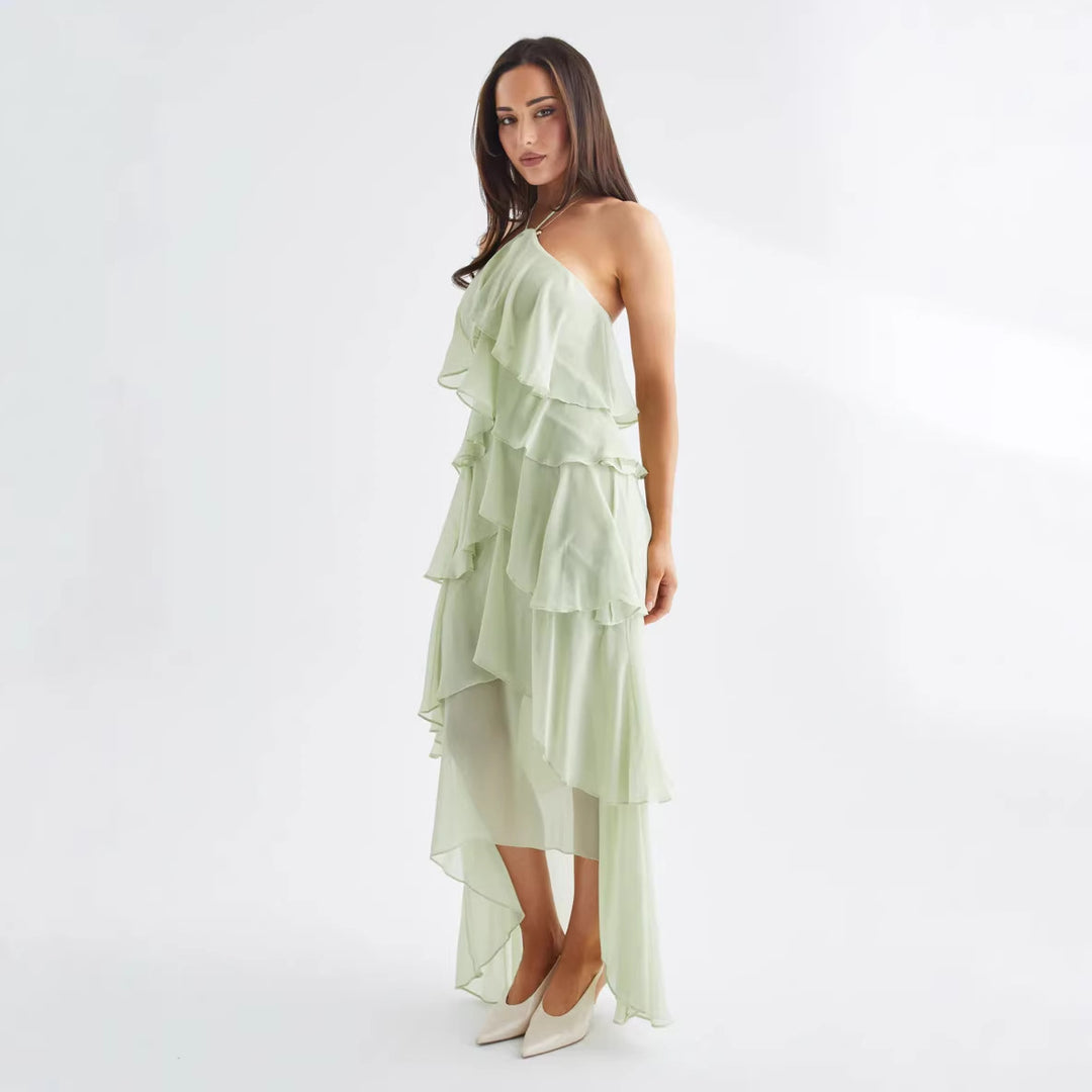 Damen Elegantes Maxikleid mit schwingenden Rüschendetails Drune
