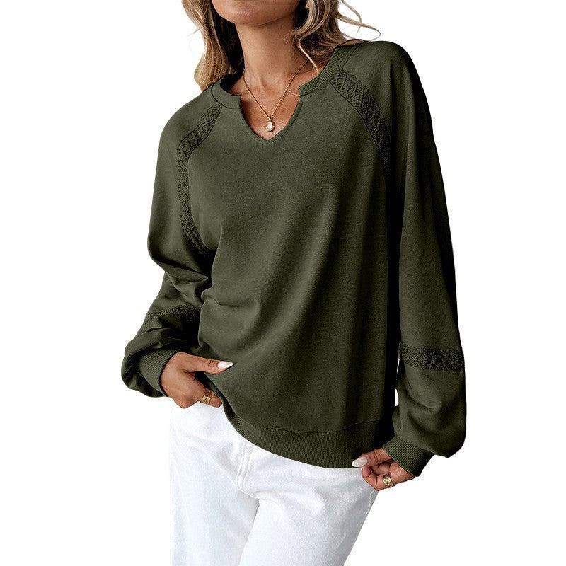 Damen Lässiges Sweatshirt mit V-Notch, Spitzeneinsätzen und Ballonärmeln Drune