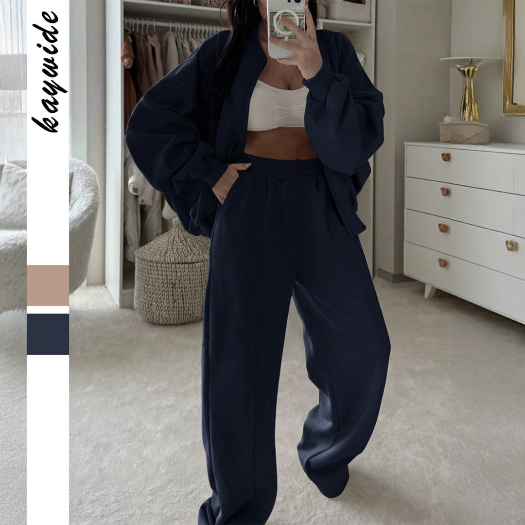 Damen nan Oversize-Zipjacke und hochgeschnittene Palazzohose aus weichem French-Terry Drune