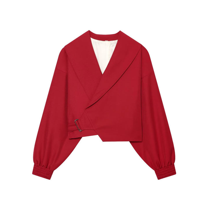 Damen Kurze Wickeljacke mit weitem Schalkragen, taillierendem Schnallenband und Ballonärmeln Drune