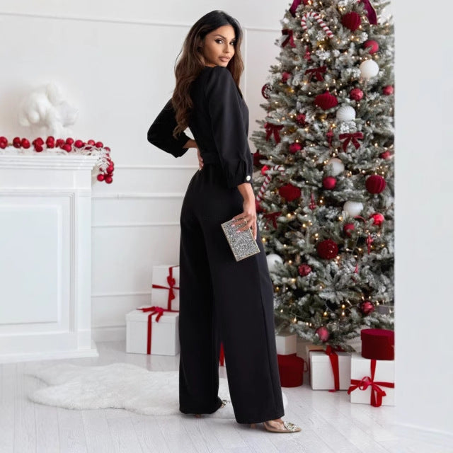 Damen Eleganter Jumpsuit mit taillierbarem Gürtel und V-Ausschnitt Drune