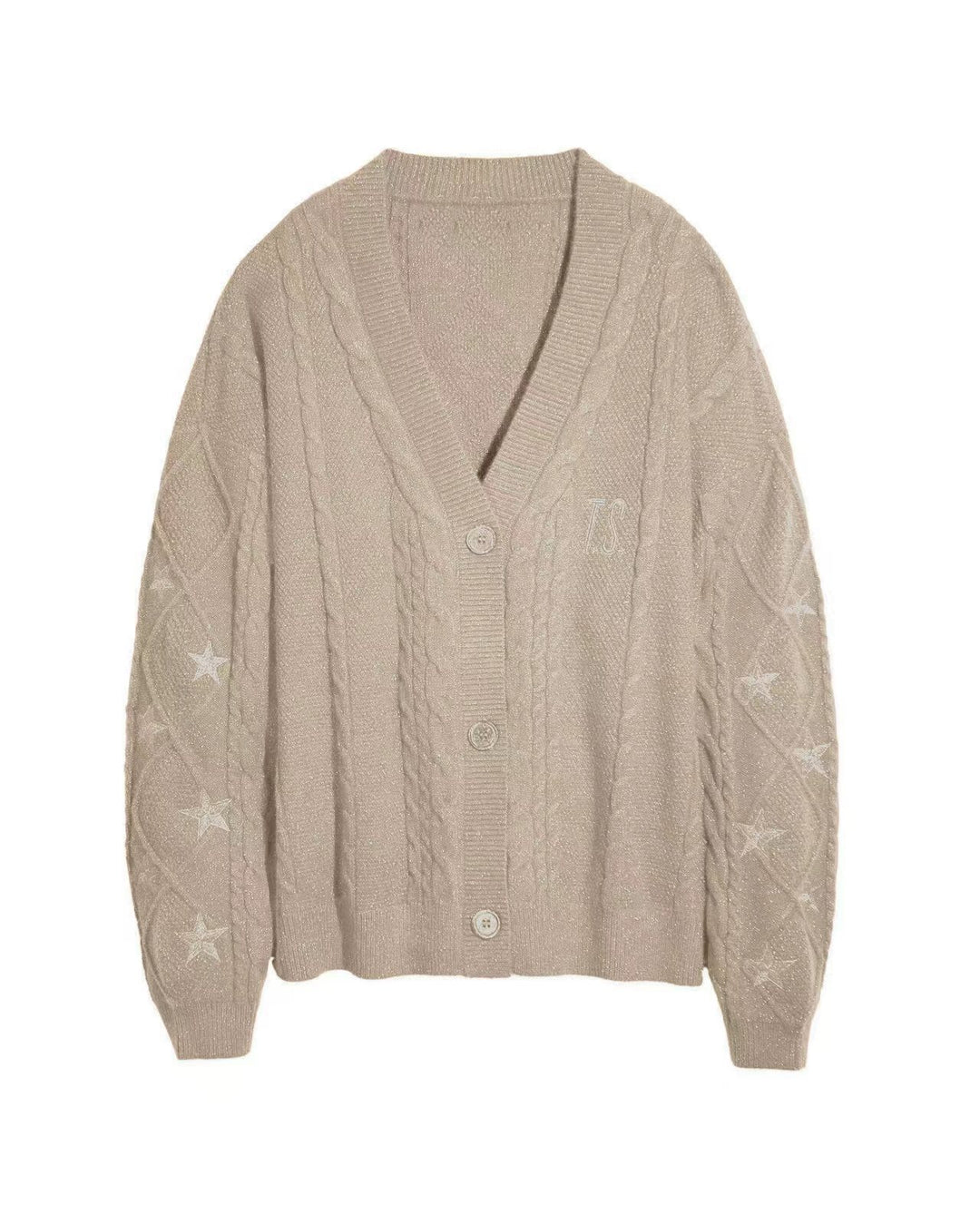 Damen nan großzügiger Grobstrick-Cardigan mit Zopfmuster, V-Ausschnitt und Sternstickereien Drune