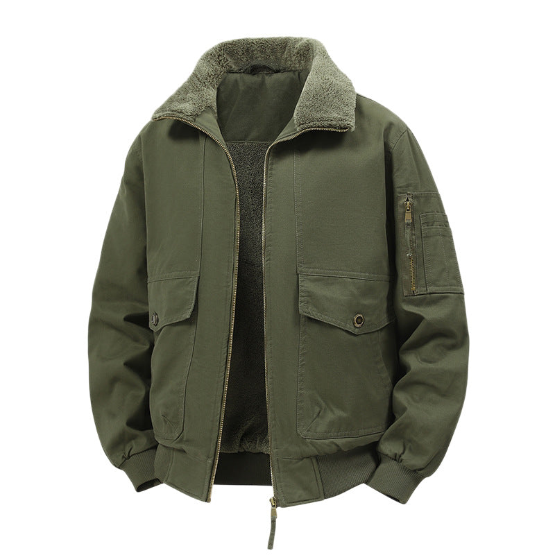 Herren Militärisch inspirierte Thermo-Bomberjacke mit Teddy‑Futter, Ärmeltasche und Druckknopf‑Klappentaschen Drune
