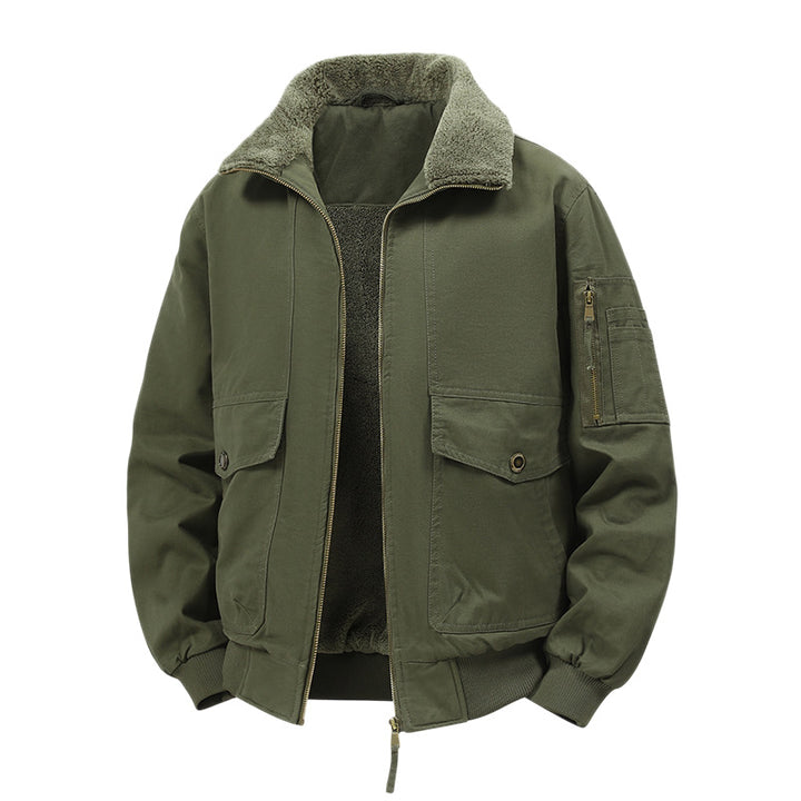 Herren Militärisch inspirierte Thermo-Bomberjacke mit Teddy‑Futter, Ärmeltasche und Druckknopf‑Klappentaschen Drune
