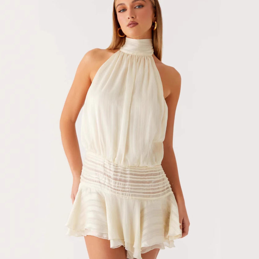 Damen Neckholder Minikleid mit Rüschensaum und gepolstertem Oberteil Drune