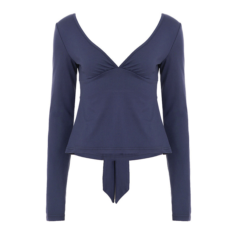 Damen nan tailliertes Langarm-Top mit tiefem V-Ausschnitt, geformter Brustpartie und Bindendetail Drune