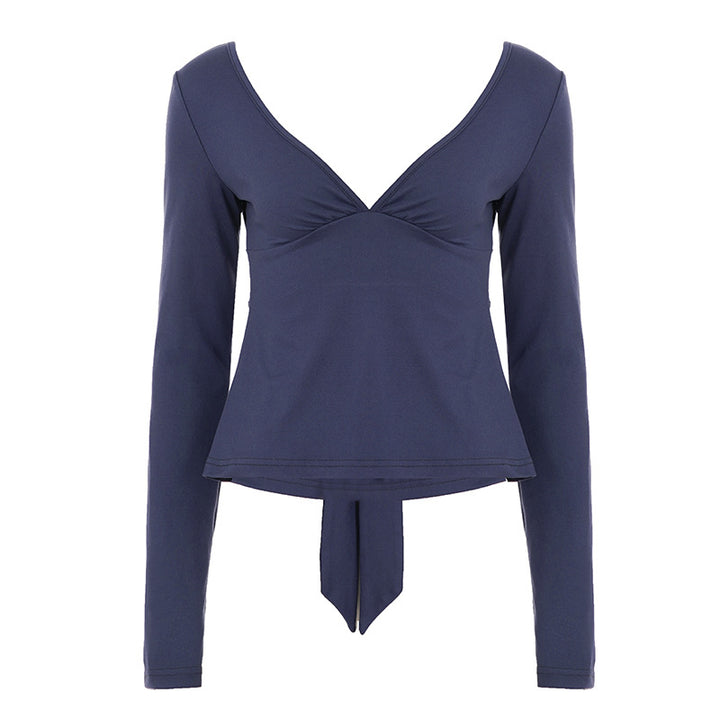 Damen nan tailliertes Langarm-Top mit tiefem V-Ausschnitt, geformter Brustpartie und Bindendetail Drune