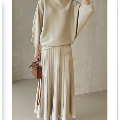 Damen Feines Strick-Set aus Viskosemix mit Oversize-Pullover und plissiertem Maxi-Rock Drune