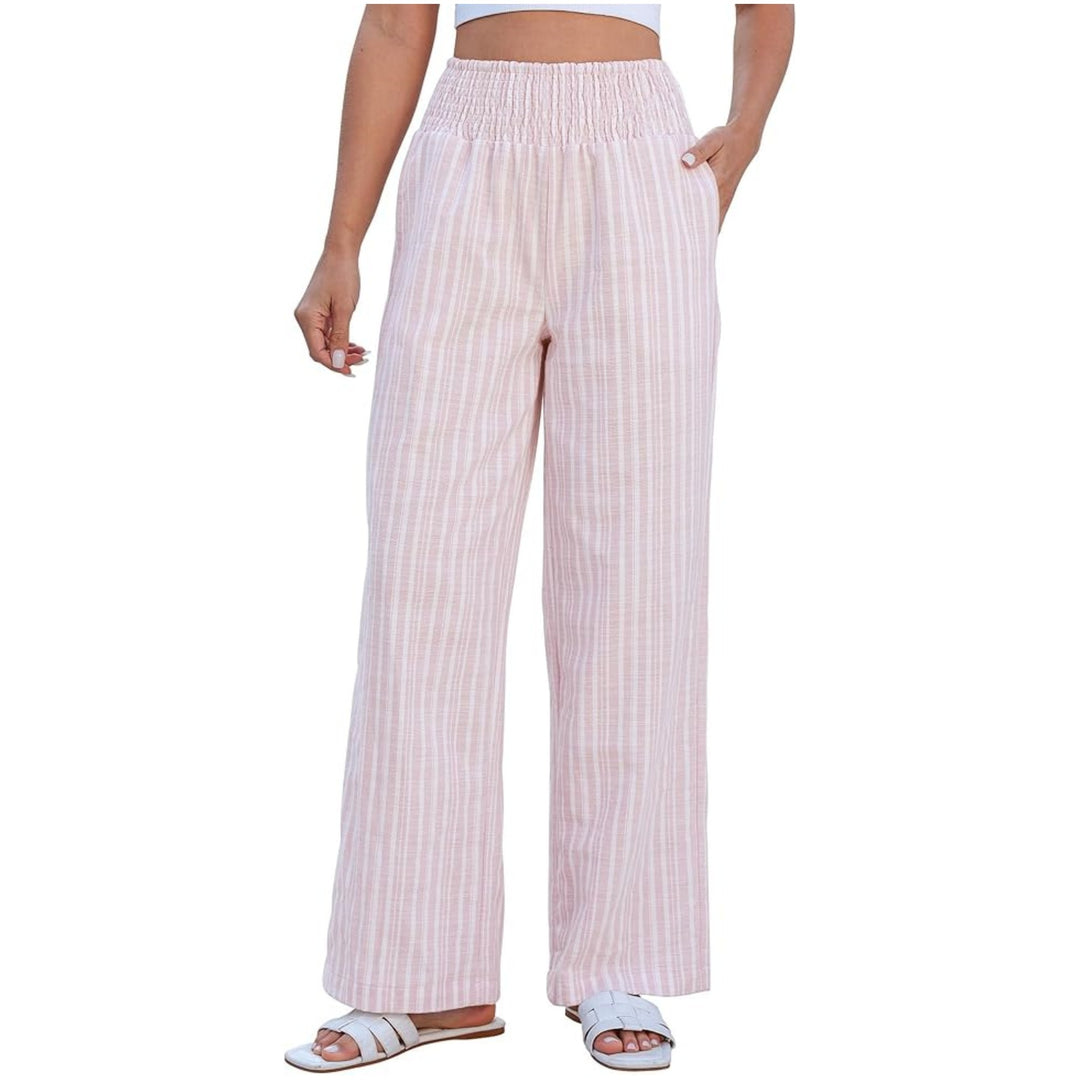 Damen Leichte Leinenhose mit weitem Bein, hoch geschnittener geraffter Gummibund und Seitentaschen Drune