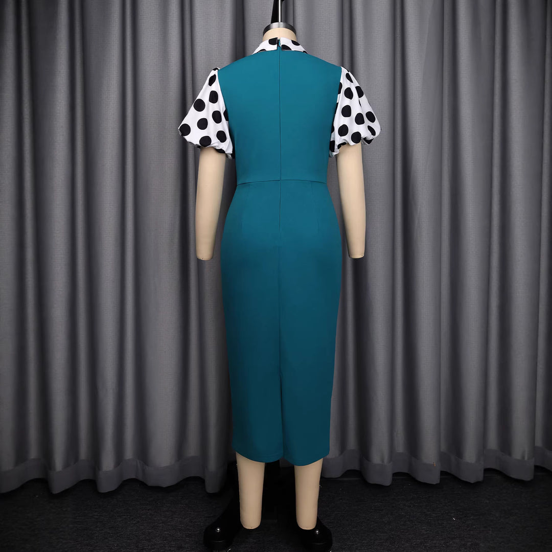 Damen figurbetontes Kleid mit Puffärmeln und Vintage-Kragen Drune