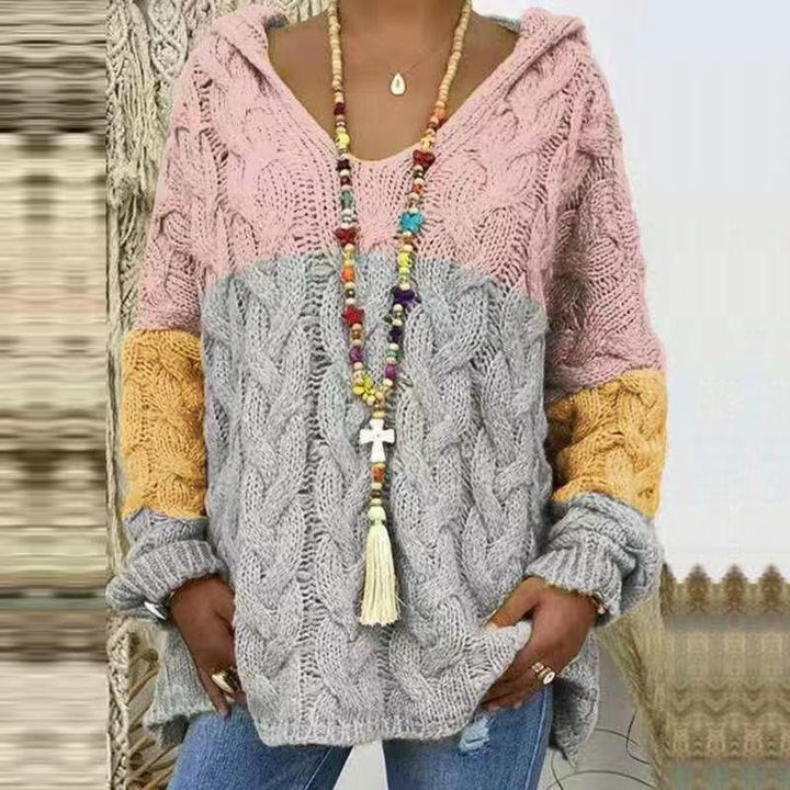 Damen Oversized Zopfmuster-Strickpullover mit Kapuze und lässigem V‑Ausschnitt Drune