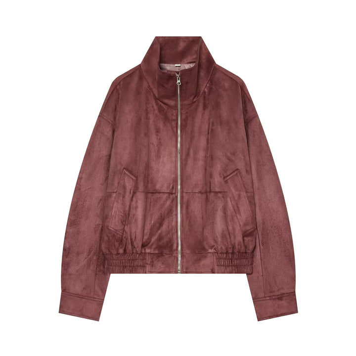 Damen kurze Veloursleder-Optik Bomberjacke mit Stehkragen und elastischem Saum Drune