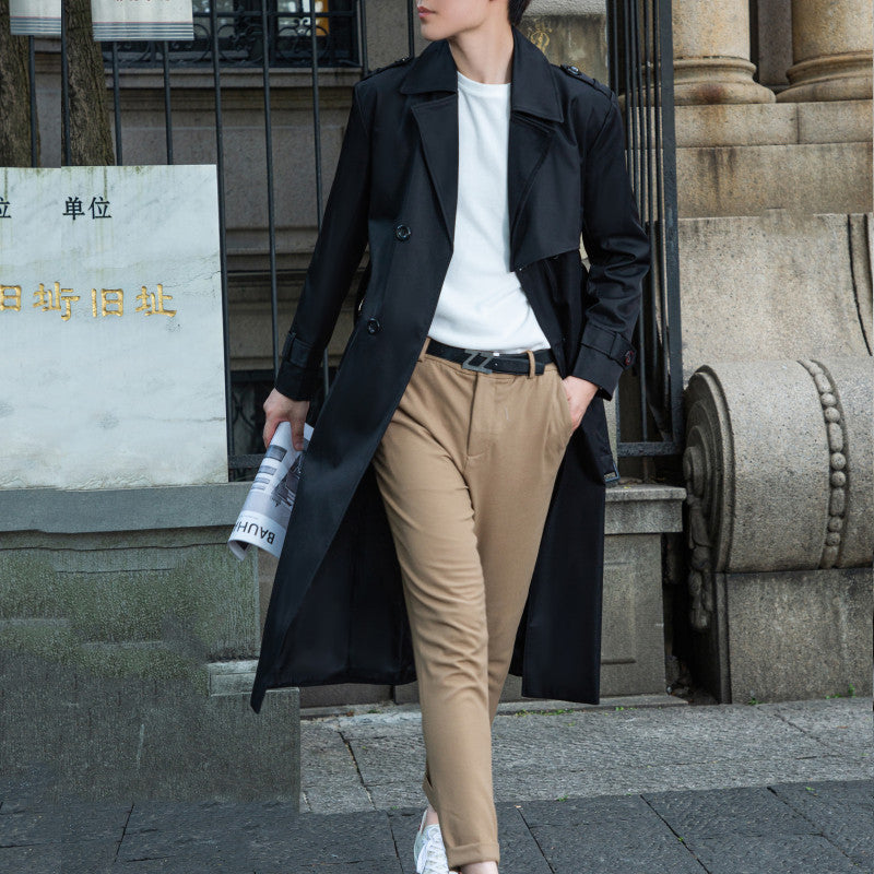 Herren langer doppelreihiger Trenchcoat mit Sturmklappe und D-Ring-Details Drune