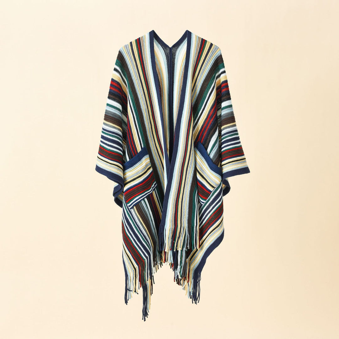 Damen Gestreifter Strickponcho mit Fransen und Eingrifftaschen Drune