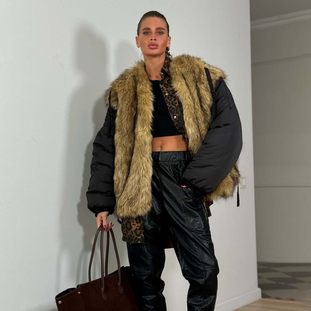 Damen Modische Jacke mit Kunstfellkragen Drune