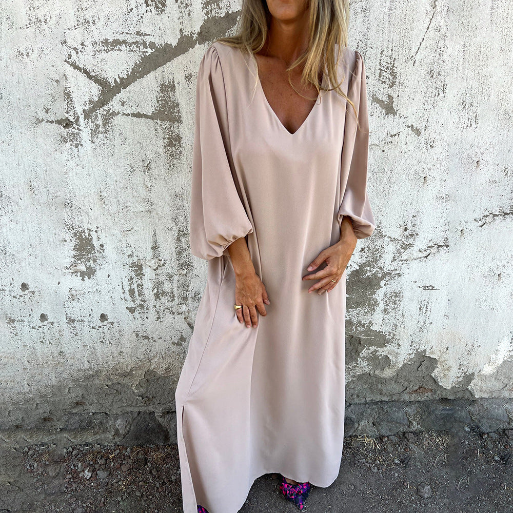 Damen Elegantes Midi-Kleid mit V-Ausschnitt und Puffärmeln Drune