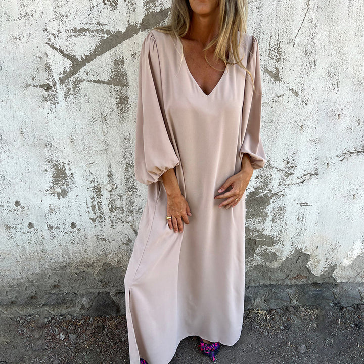 Damen Elegantes Midi-Kleid mit V-Ausschnitt und Puffärmeln Drune