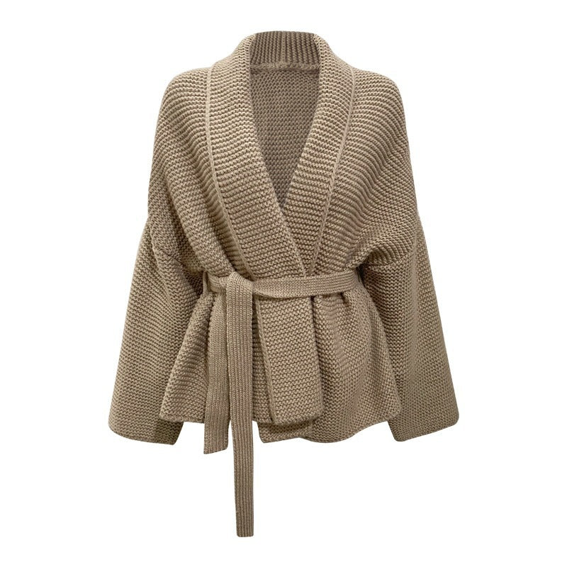 Damen Grobstrick Cardigan mit Gürtel und lockerem Schnitt Drune