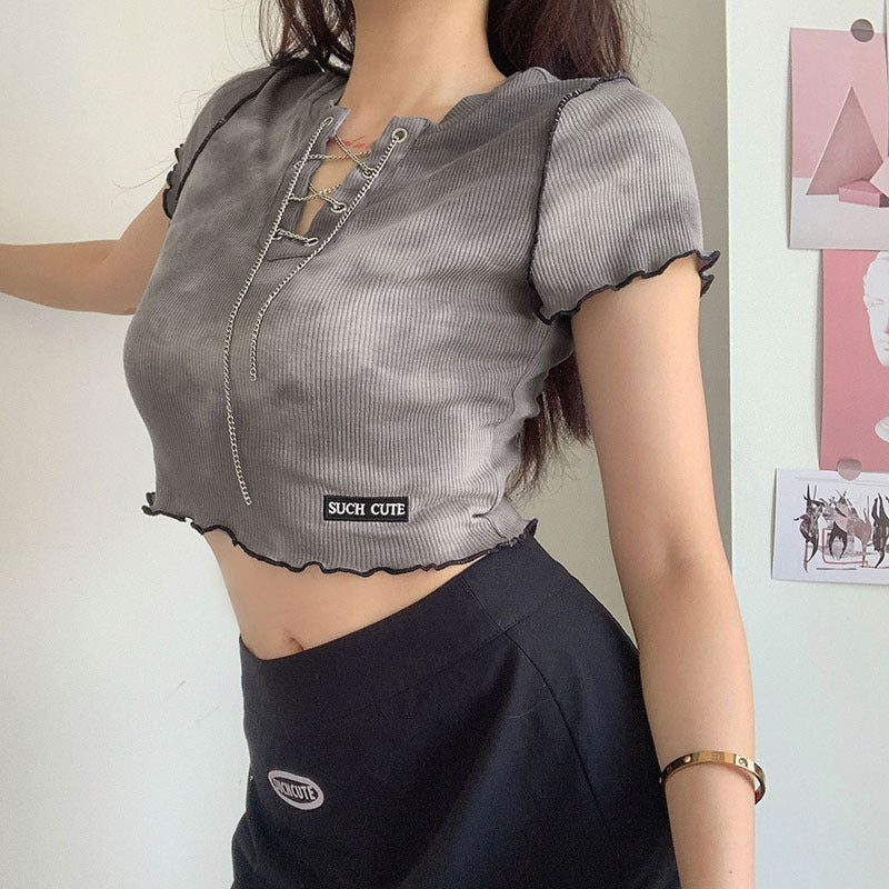 Damen cropped Oberteil mit modischem Schnürdesign und lässigem Saum Drune