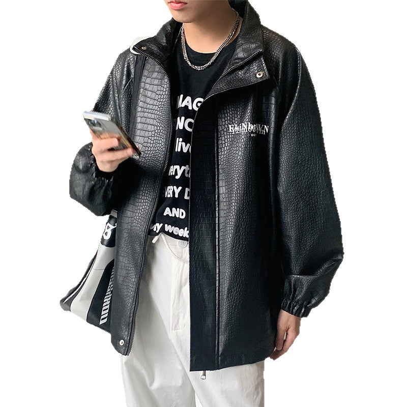 Herren Oversized Kunstlederjacke mit Krokodilprägung und Rückenlogo Drune